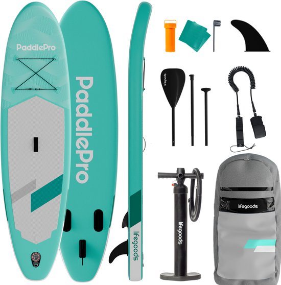 LifeGoods SUP Board Allround Compact - 120 KG Draagkracht - 300 x 76 cm - Opblaasbaar - Compleet SUP pakket - Mintgroen