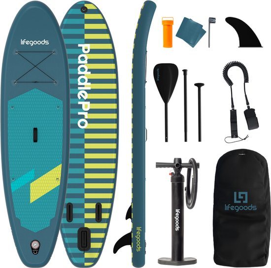 LifeGoods SUP Board Allround Compact - 120 KG Draagkracht - 300 x 76 cm - Opblaasbaar - Compleet SUP pakket - Cyaan/Donkergroen