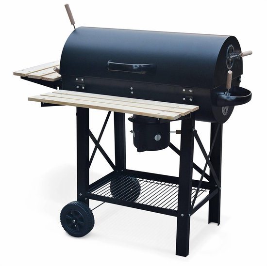 sweeek - Houtskoolbarbecue serge zwart, met rookfunctie (smoker), amerikaanse stijl, asopvangbak, zijtafels en wieltjes