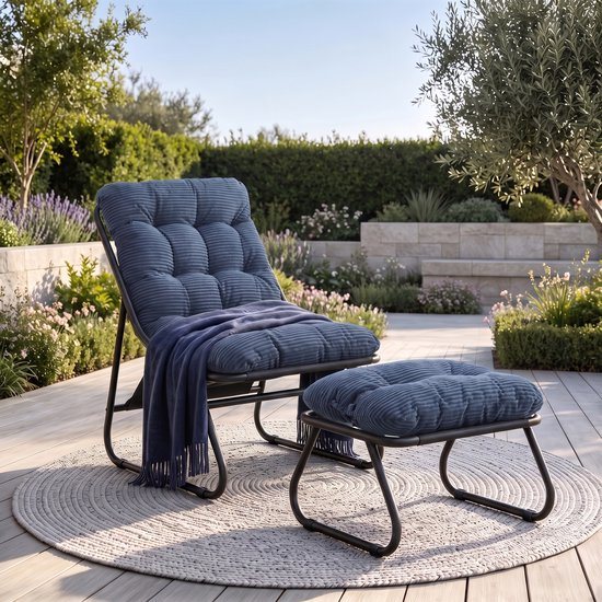 Intebiki Loungestoel met poef 65 x 78 x 86 cm - Met Voetenbank En Dikke Kussens - Voor Woonkamer En Balkon - Donkerblauw