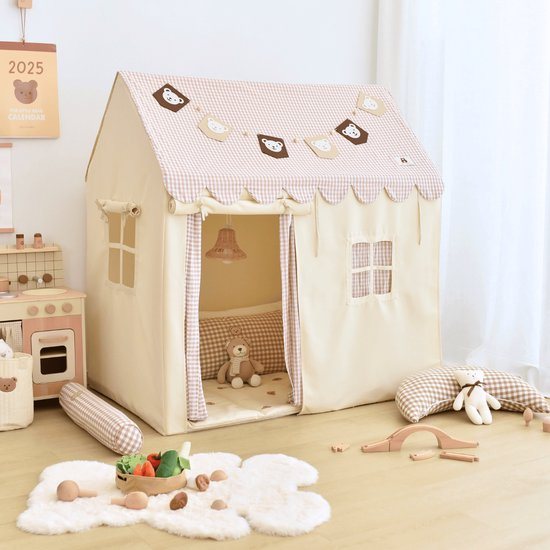 Fluvio Speeltent – Speelhuisje Jongens en Meisjes – Inclusief Zachte Speelmat – Lichtjes en Vlaggetjes – Speelhuis met Gordijntjes – 120×80×128cm – Beige