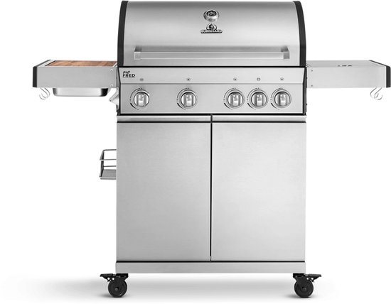 BURNHARD® 4-Brander Gasbarbecue Big Fred, roestvrijstalen grillwagen met zijtafel, gietijzeren rooster, thermometer, piëzo-ontsteking, incl. afdekkap, Keramische Branders en Kookplaat, 2022 Model