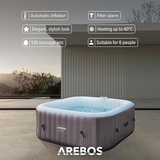 Luxe Rattan Opblaasbare Spa Jacuzzi 185x185x65 cm – 6 Personen | 130 Massagejets | 910L Capaciteit | 2400W Verwarming tot 40°C | Inclusief Afdekking & Automatische Inflatie