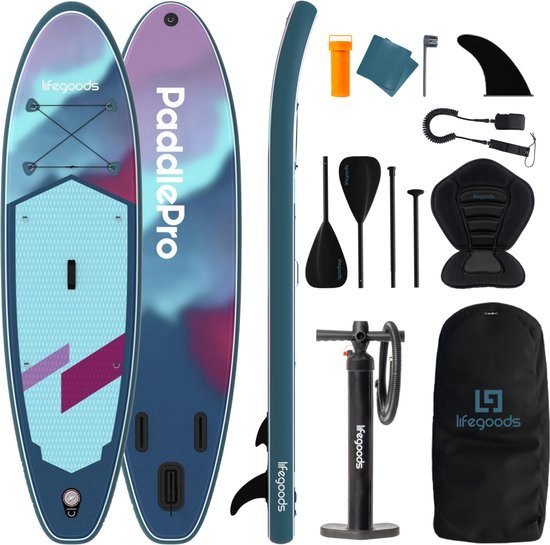 LifeGoods SUP Board Allround Compact - met Zitje - 120 KG Draagkracht - 300 x 76 cm - Opblaasbaar - Compleet SUP pakket - Blauw/Paars