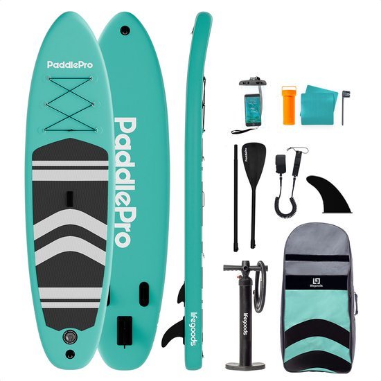 LifeGoods PaddlePro SUP Board - Opblaasbaar Paddle Board - Complete Set - Max. 150KG - 320x81cm - Mintgroen/Zwart