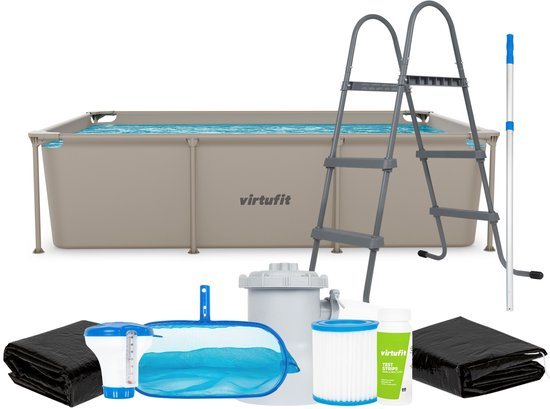 VirtuFit Rechthoekig Zwembad 260 x 180 x 66 cm - Compleet Pakket - Incl. Filterpomp, Afdekzeil, Grondzeil & Onderhoudsset - Beige