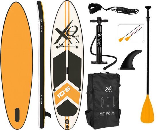 XQMax SUP Board - Opblaasbaar Paddle Board - Complete Set R- Met Pomp / Draagtas / Verstelbare Peddel / Enkelkoord / Reparatiekit - Max. 150KG - 320x76x15cm - Oranje