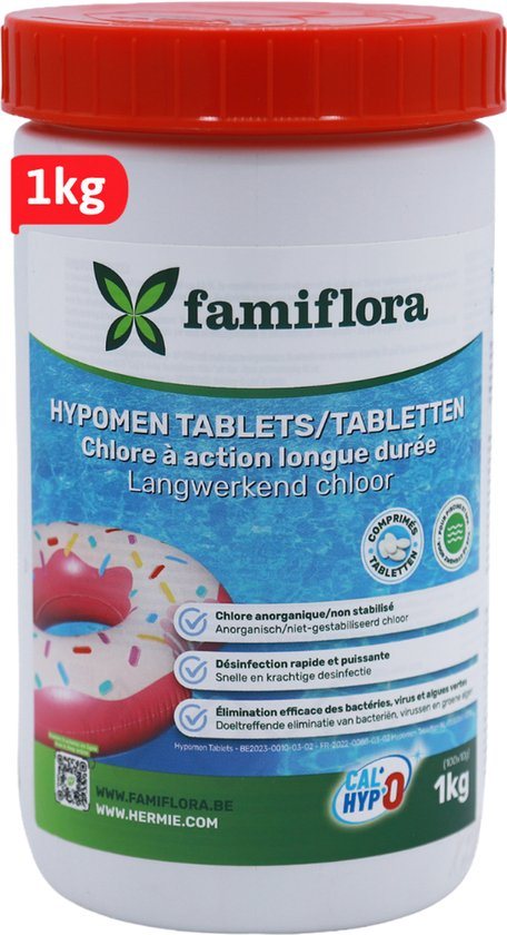 Famiflora - Hypomen langwerkend anorganisch chloor 1kg - 10g tabs (100x10g) - niet-gestabiliseerd chloor - Lange & snelle werking - Gelijkmatige chloorafgifte - Efficiënte desinfectie