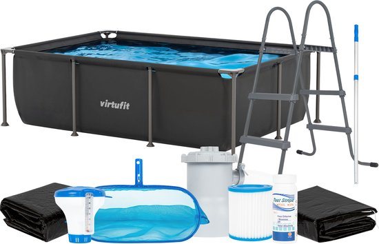 VirtuFit Rechthoekig Zwembad 260 x 180 x 66 cm - Compleet Pakket - Incl. Filterpomp, Afdekzeil, Grondzeil & Onderhoudsset - Antraciet