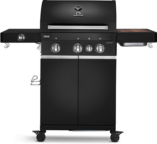BURNHARD® 3 Branders gasbarbecue FRED Deluxe BLACK Series 3 incl. achterbrander, keramische 900°C infraroodbrander, zijkookplaat, gietijzeren grillrooster + uitklapbare zijtafels