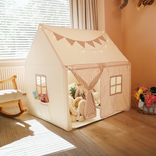 NOVOB® Speeltent - Kinder tent Jongens & Meisjes - Speelhuis voor Binnen - Kinderspeelgoed 3 t/m 8 jaar- Incl. Zachte Mat met Verlichting, 2 Vlaggetjes & Opbergvakken - Beige/Bruin