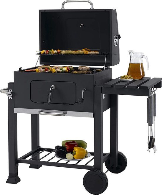 EVIQ - BBQ houtskool XL- Smoker Barbecue Valencia - Barbeque Verstelbaar kolenrooster - Barbecues Zwart