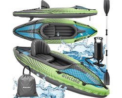 tectake® Opblaasbare Kajak - Opblaasbare Kayak voor 1 persoon met dubbele peddel en accessoires - Kano - Boot met Zitje, pomp, transporttas - Watersport - Roeiboot