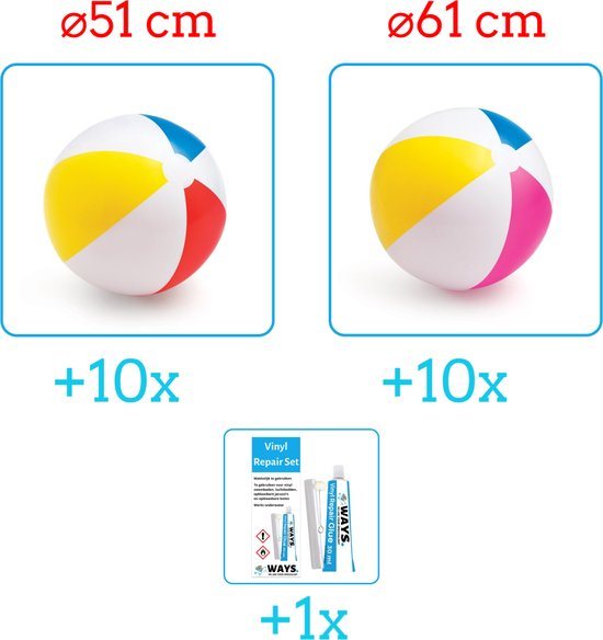 Intex Opblaasbare Strandballen - Strandbal Voordeelverpakking - 2 x 10 stuks - Strandbal Jumbo - Diameter 51 en 61 cm - Ideal voor Festivals - Inclusief handig Reparatiesetje