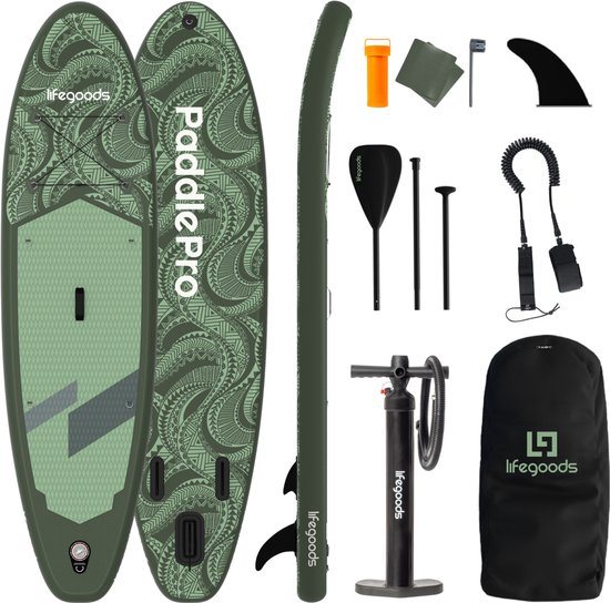 LifeGoods SUP Board Allround Compact - 120 KG Draagkracht - 300 x 76 cm - Opblaasbaar - Compleet SUP pakket - Groen/Legergroen
