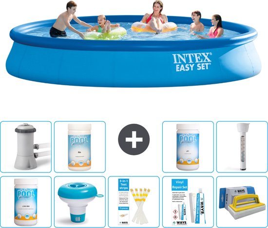 Intex Rond Opblaasbaar Easy Set Zwembad - 457 x 84 cm - Blauw - Inclusief Pomp Chloor - Chloordrijver - Testrips - Reparatiesetje - Scrubborstel - PH-waarde - PH-waarde - Thermometer