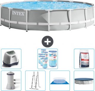 Intex Rond Prism Frame Zwembad - 457 x 107 cm - Grijs - Inclusief Pomp - Ladder - Grondzeil - Afdekzeil Zoutwatersysteem - Filters - Zwembadzout