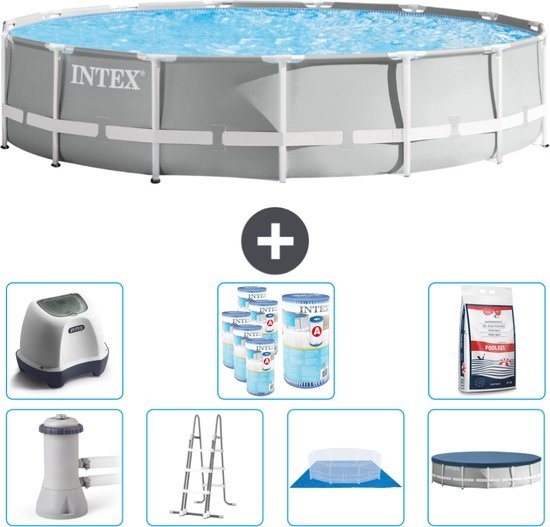 Intex Rond Prism Frame Zwembad - 457 x 107 cm - Grijs - Inclusief Pomp - Ladder - Grondzeil - Afdekzeil Zoutwatersysteem - Filters - Zwembadzout