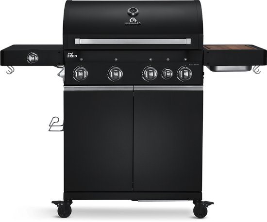 BURNHARD® 4 Branders gasbarbecue Big FRED Black Series 3 incl. achterbrander, keramische 900°C infraroodbrander, zijkookplaat, RVS grillrooster + uitklapbare zijtafels