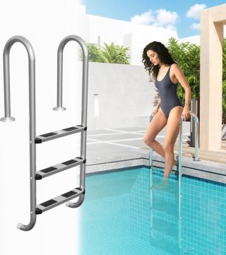304 ROESTVRIJ Staal Zwembadladder - Zwembadtrap met 3 Treden - 132 x 54 x 26,5 cm - Zilver - Antislip Zwembadladder - Instapladder voor zwembad - Maximaal Draagvermogen 150 kg - NAIZY