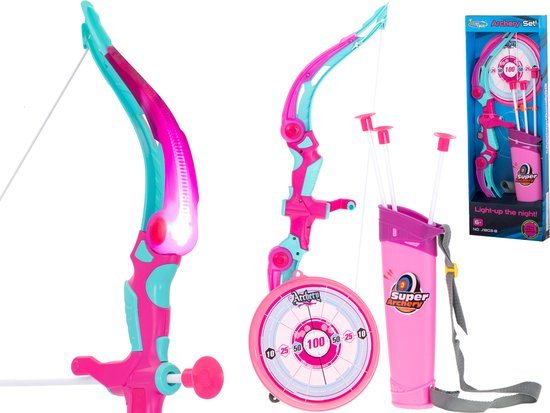 Pijl en Boog met Verlichting en Schietschijf Roze - 3 Veilige Pijlen - 53 cm - Boogschieten - Kinderen - Speelgoed - Buiten Speelgoed - Binnen Speelgoed