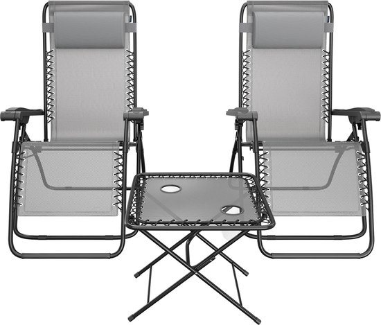 LifeGoods Ligstoelen - Opvouwbaar - Complete set - Met Bijzettafel - 30°-90° Verstelbaar - Tuinstoelen - Metaal - Grijs
