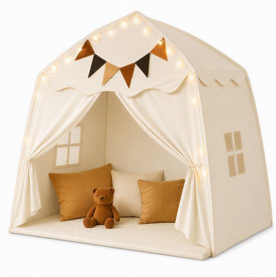 Lemlit Speeltent Kinderen - Kindertent, Speelhuis en Prinsessentent Binnen met Mat, Lichtslinger en Vlaggen - 150x99x150 cm - Beige