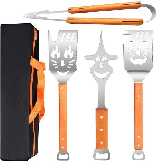 Dailygoods - 4-delige grillbestekset, extra lang grillgereedschap, barbecue-accessoires met opbergtas, grilltang, grillspatel, vleesvork, extra lange houten handgrepen, familiebarbecue, campingfeestdiner