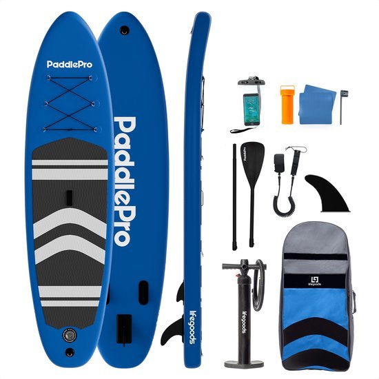 LifeGoods PaddlePro SUP Board - Opblaasbaar Paddle Board - Complete Set - Max. 150KG - 320x81cm - Blauw
