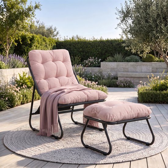 Intebiki loungestoel met poef - ergonomisch tuinstoelen - 65 x 78 x 86 cm - terrasstoelen - Geschikt voor woonkamer, slaapkamer of kantoor - Rose