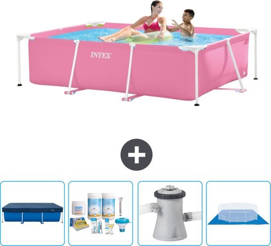 Intex Rechthoekig Frame Zwembad - 220 x 150 x 60 cm - Roze - Inclusief Afdekzeil - Onderhoudspakket - Zwembadfilterpomp - Grondzeil
