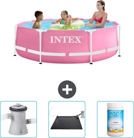 Intex Rond Frame Zwembad - 244 x 76 cm - Roze - Inclusief Zwembadfilterpomp - Solar Mat - Chloor
