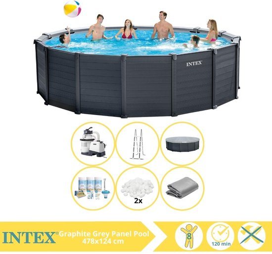 Intex Graphite Gray Panel Zwembad - Opzetzwembad - 478x124 cm - Inclusief Onderhoudspakket en Filterbollen