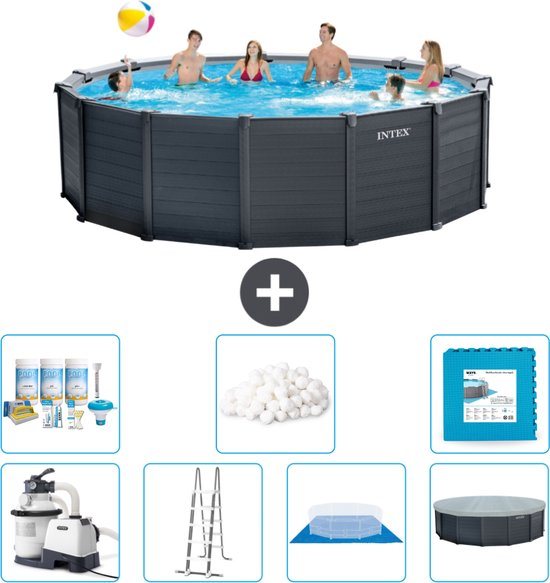 Intex Rond Graphite Gray Panel Zwembad - 478 x 124 cm - Inclusief Pomp - Ladder - Grondzeil - Afdekzeil Onderhoudspakket - Filterbollen - Vloertegels