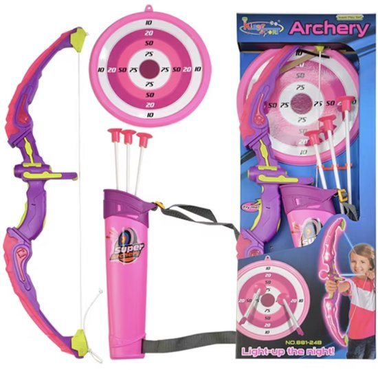 Playos® - Pijl en Boog - Roze/Paars - 61 cm - met Verlichting - Schietschijf - 3 Veilige Pijlen - Boogschieten - Buiten Speelgoed