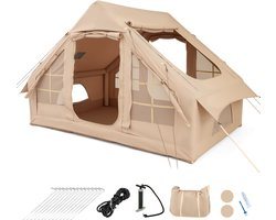 COSTWAY Opblaasbare tent voor 4-6 personen, campingtent met 4 netramen en 2 deuren en dakraam, incl. draagtas en pomp, luchttent voor kamperen en vissen, 300 x 210 x 197 cm
