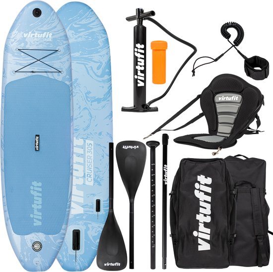 VirtuFit Supboard Cruiser 305 - Azure Blue - Stand Up Paddle Board - Supboard Opblaasbaar - Voor beginners en gevorderden - Met kajak zitje, accessoires en draagtas - Anti-slip oppervlak - Verstelbare peddel - Max. 180 kg