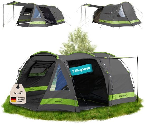 Skandika Kambo tunneltent voor 4 personen - Donkere slaapcabine met zilvercoating, 3000 mm waterkolom, 3 ingangen, zonneluifel, voortent, met inlegvloer | Kampeertent in antraciet/groen