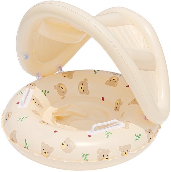 Babyzwemband, zwembadmatras met zonnescherm, opblaasbaar babyzwemzitje met retro berenprint, zonnescherm en handvatten.