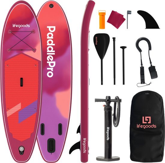 LifeGoods SUP Board Allround Compact - 120 KG Draagkracht - 300 x 76 cm - Opblaasbaar - Compleet SUP pakket - Rood/Lila