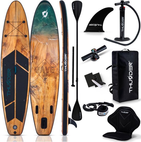 THUNDER WOOD SUP Board Opblaasbare 350 cm met Kajakstoel – Complete Set met Pomp, Peddel & Accessoires