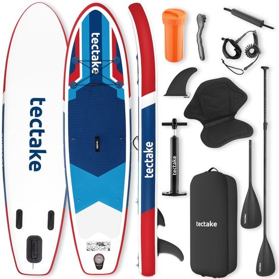 tectake® Stand-Up Paddle Board - 2-in-1 SUP Plank - Opblaasbaar - Stabiel - 288 x 77 x 22,5 cm - Ook als Kajak - Max 200kg - Rood/Blauw - Complete SUP set met Zitje