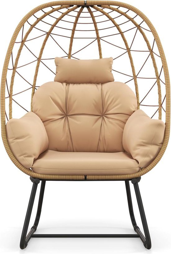 COSTWAY Rieten stoel, rotan, oversized loungestoel met afneembaar kussen en metalen frame, tuinstoel, rotanstoel voor balkon, tuin, terras, woonkamer (beige)
