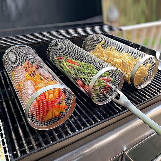 Grote Rollende Grillmand Roestvrijstalen BBQ Grillrooster Mandje Anti-aanbak Vis Groenten Grillrooster BBQ-accessoires voor buiten Picknick Kampvuur Kamperen 1 Stuk (30 cm)