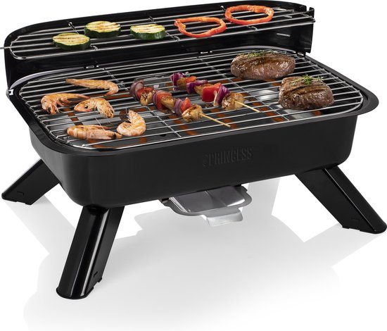 Houtskool BBQ en Elektrische Barbecue - Princess 112252 Hybride Barbecue – Tafelmodel - 2000W - 44x 29cm - Gebruik elektrisch of met kolen - Geschikt voor gebruik op balkon - bbq accesoires