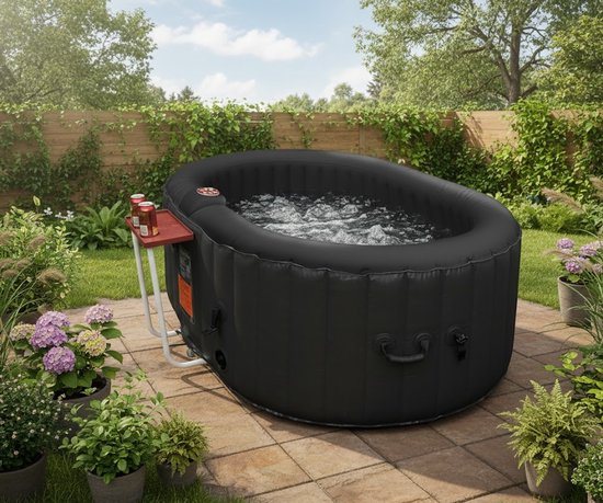 Luxe Opblaasbare Jacuzzi Spa | 2-Persoons Ovalen Whirlpool met Jetted Bubbels, Drinkhouder, Filterpomp & Hoes | 145 Gallon | Zwart | Ontspanning en Wellness Thuis medahomestore