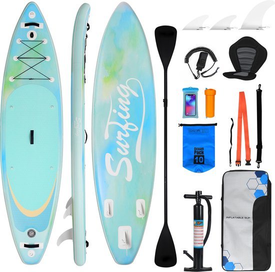Puluomis Opblaasbaar Paddle Board - SUP Paddle Board - met Zitje - Complete Set - Max. 180KG - 335x84cm - blauwgroen