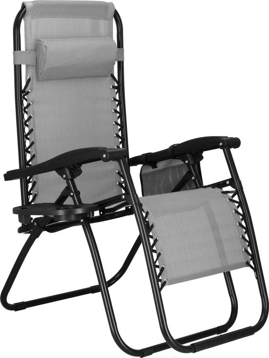 Springos Tuinstoel - Ligstoel - Opvouwbaar - Verstelbaar - Ergonomische hoofdsteun - Grijs