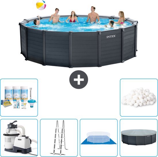 Intex Rond Graphite Gray Panel Zwembad - 478 x 124 cm - Inclusief Pomp - Ladder - Grondzeil - Afdekzeil Onderhoudspakket - Filterbollen