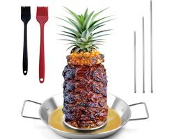 Verticale voor Al Pastor - RVS Braziliaanse Spies met 3 Punten - Inclusief Borstel en Vetscheidingsbak - Voor Tacos Shoarma en Kebabs in Oven of Rookoven - Barbecue Accessoire